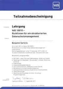 Nachweis: VdS 10010 – strukturiertes Datenschutzmanagement, VdS Schadenverhütung
